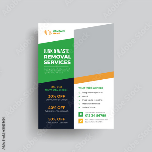 Junk removal service agency flyer template. Garbage, Waste removal poster leaflet template. Yard junk waste removal flyer poster leaflet design