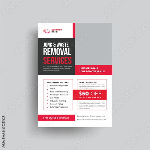 Junk removal service agency flyer template. Garbage, Waste removal poster leaflet template. Yard junk waste removal flyer poster leaflet design