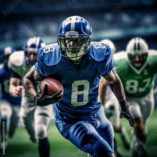 American football players in dynamic action is running with ball at stadium under rain, sport arena, movement, achievements, leadershi, Sports emotions