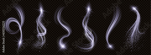 White magic spiral vortex line light glow effect. Shiny wind curve flare with sparkle png on transparent background. Isolated flying spell particle vector whirlpool. Star blink motion in galaxy