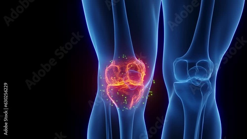Animation of a man's inflamed right knee undergoing healing