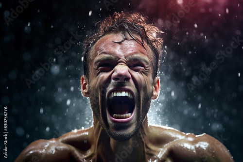 Portrait of champion athlete on stadium , emotions of a winner, joy, delight, emotional, rain, splash drops © Andrii IURLOV
