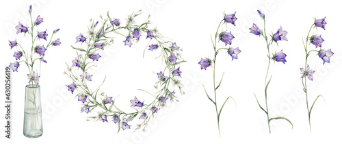 Set of blue bellflower, flowers bouquet, glass vasa.Wreath of little bell, bluebell. Clipart watercolor hand painting illustrationon isolate white background. Card for the holidays of spring, summer. photo