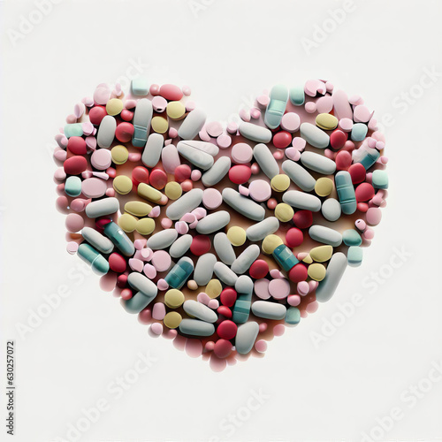 Heart of Health: Pills in Heart Formation on White, Generative AI