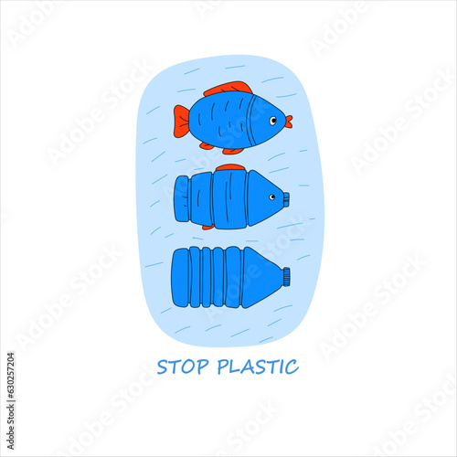 blue fish from the usual in the process of evolution turns into a plastic bottle