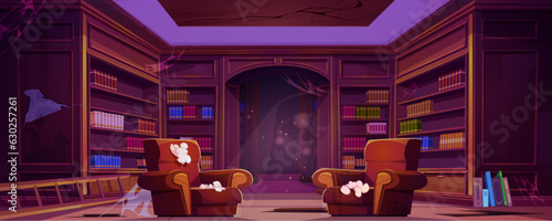 Abandoned dirty library room with bookshelf vector background. Interior with bookcase and torn armchair at public vintage education hall. Spider web on wall and furniture in retro literature store