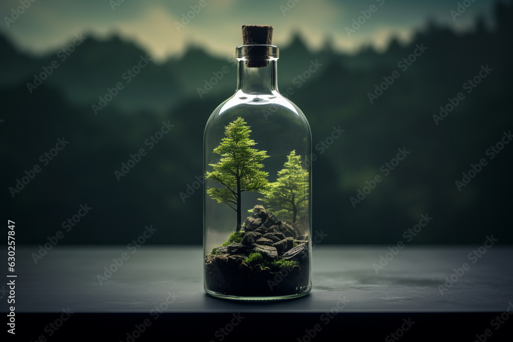 Nature in a bottle with view of a forest inside a glass jar on simple background Nature in a bottle with view of a forest inside a glass jar on simple background