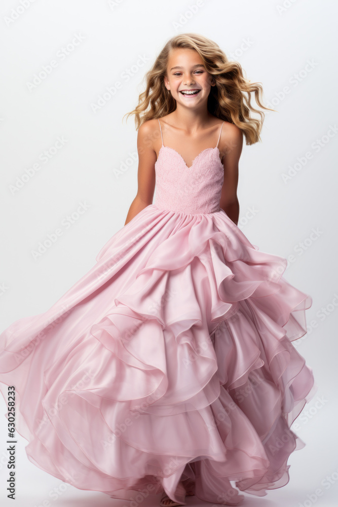 10-year-old girl dressed in pink princess dress playing princess laughing happily at the camera, isolated on plain white background 10-year-old girl dressed in pink princess dress playing princess laughing happily at the camera, isolated on plain white background