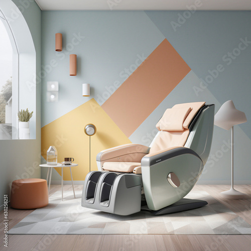 comfortable zen massage chair with a square, circular and triangular element, against a subtle pastel Teal, Chrome yellow and red colours plain walls. photo