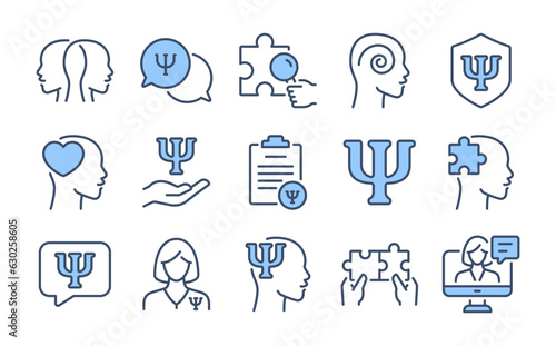 Psychology and mental health blue editable stroke outline icons set isolated on white background flat vector illustration. Pixel perfect. 64 x 64.