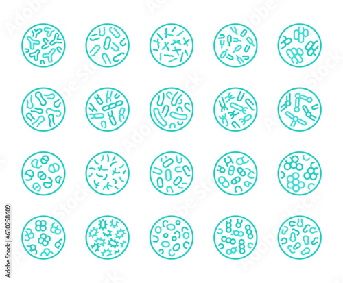 Probiotics bacteria, microbes, infection and pathogen cells concept editable stroke outline icons set isolated on white background flat vector illustration. Pixel perfect. 64 x 64.