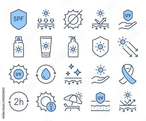Sunscreen, SPF, solar UV protection blue editable stroke outline icons set isolated on white background flat vector illustration. Pixel perfect. 64 x 64.