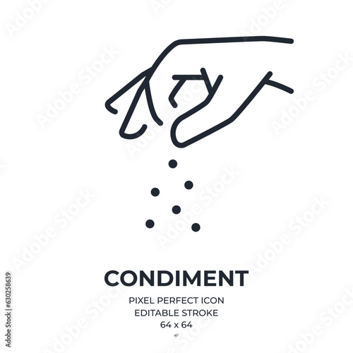 Sprinkling hand gesture. Condiment, salt, sugar, spices editable stroke outline icon isolated on white background flat vector illustration. Pixel perfect. 64 x 64.