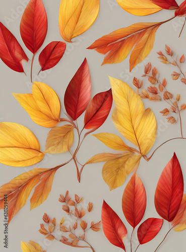 Floral autumn red yellow leaves painted background.