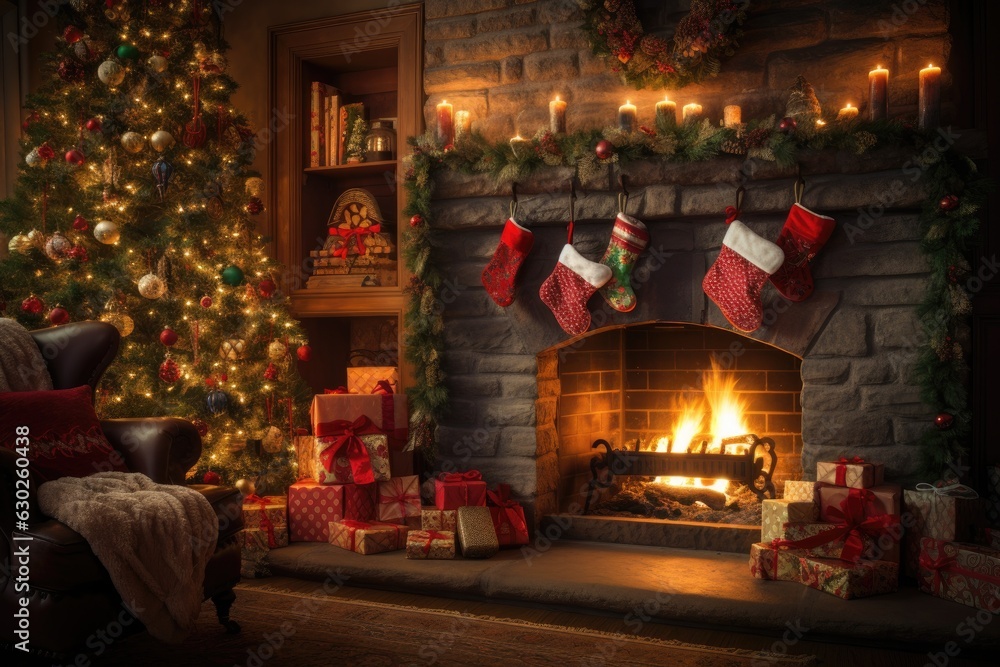 cozy fireplace adorned with stockings, twinkling lights, and a beautifully decorated Christmas tree, creating a warm and festive atmosphere - Generative AI