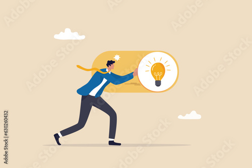 Turn on new idea, solution or innovation to solve problem, enable knowledge or creativity, toggle lightbulb idea invention, unlock or active concept, businessman push toggle switch to turn on idea.