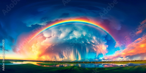 rainbow phenomenon after rain, when bright colors stretch across the sky. Generative AI © Лилия Захарчук