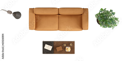 High angle view of a leather sofa ,floor lamp,coffee table and houseplant  on trasparent background - 3d rendering