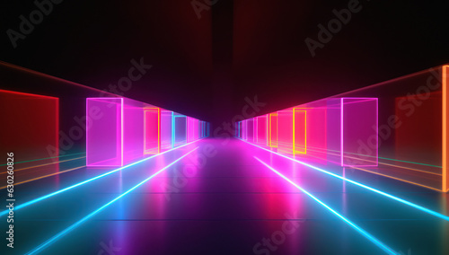 Futuristic glowing purple laser. Vibrant 3d render of electronic club space. Modern sci fi illumination and reflection. Abstract neon portal tunnel.