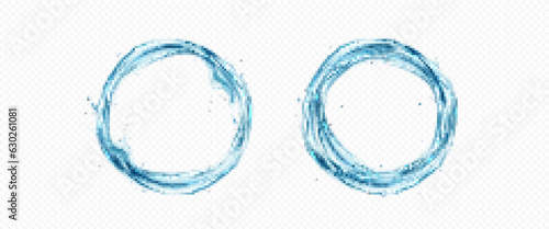 Realistic set of water circles isolated on transparent background. Vector illustration of aqua splash, clear blue liquid swirl effect with wave, drops, bubbles, pure fluid, hydration. Round frame
