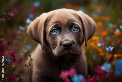 Heart melting cuteness of a lovable Labrador puppy surrounded by a delightful array of flowers. Ai generated