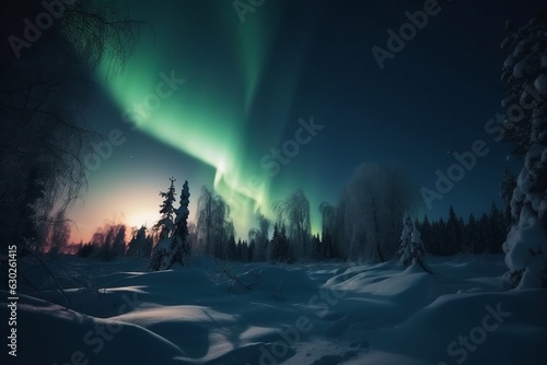 Northern lights beautiful landscape in the forest. Magic night background © Denis