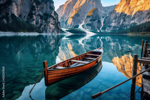 Immerse yourself in the tranquility of this picturesque landscape, featuring majestic mountains, a serene lake, and a rustic wooden boat. Ai generated