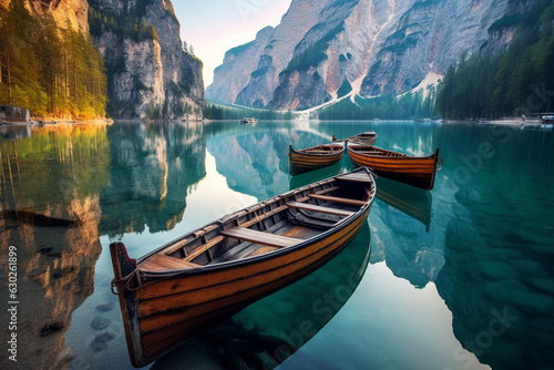 Immerse yourself in the tranquility of this picturesque landscape, featuring majestic mountains, a serene lake, and a rustic wooden boat. Ai generated © dragomirescu