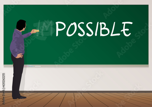 Concept de l’éducation et de la confiance en soi, avec un enseignant qui écrit au tableau, le mot possible.