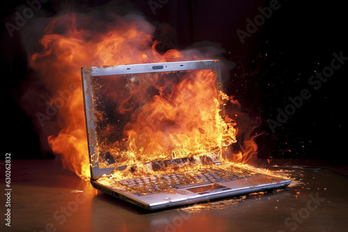 A dramatic and intense scene of a laptop engulfed in flames, illustrating the concept of pressure, urgency, or danger in the digital age. Ai generated