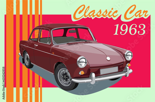 Maroon Vintage Classical Car in Vector Design with Orange Striped Background.