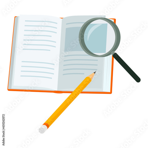 Open book, magnifier and pencil