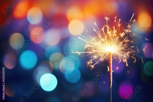 Glittering burning sparkler on colorful bokeh background. 