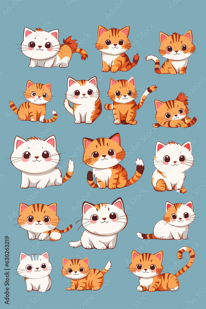 Cute Cat illustration pattern, cat with different poses (AI Generative)