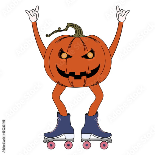 Funky Halloween Jack-o-lantern  on the rollers in Trendy Y2K retro style isolated on transparent background. Halloween icon, sticker. Vector illustration in modern Groovy style.