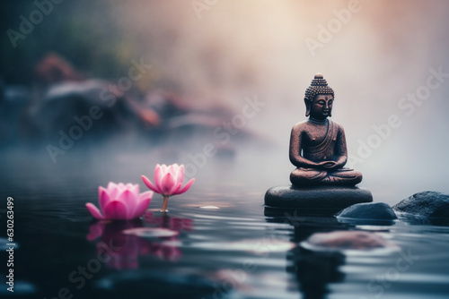 Serenity and tranquility of a Buddha statue seated in the lotus position on a peaceful river  with stones and a beautiful pink lotus flower  symbolizing inner peace and enlightenment. Ai generated