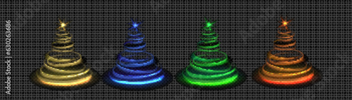 Christmas tree made of light path and sparkles with star on top. Realistic vector illustration of glow xmas decoration on transparent background. Abstract bright shiny fir with glitter and blur effect