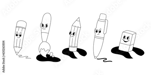 Vector set of cartoon retro mascots monochrome illustrations of stationery - pen, pencil, brush and eraser. Vintage style 30s, 40s, 50s old animation. The clipart is isolated on a white background.