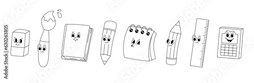 Vector set with cartoon retro mascots colored illustrations of stationery - pencil, book, notebook and brush. Vintage style 30s, 40s, 50s old animation. Stickers isolated on white background.