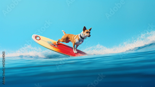 Surfing Dog. Colorful. Empty Copy space on the side. Generative AI.  © s1llu