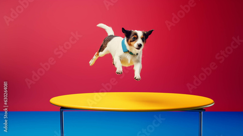 Trampolining Dog. Colorful. Empty Copy space on the side. Generative AI.  © s1llu