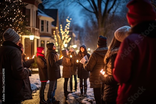 blury group of carolers singing classic Christmas songs, spreading holiday cheer in the neighborhood and a lot of people also blurry a walking quick like a timelapse - Generative AI