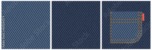 Denim seamless vector texture with pocket, stitches and label for fashion illustration, clothes design. Front and back side of the fabric set. Classic indigo blue color textile swatch. Stitch brush.