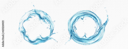 Water circle splash and round swirl realistic 3d vector frame. Liquid aqua wave with drop and bubble in ring flow. Mineral clear blue stream graphic design with motion. Fresh sparkling whirl texture