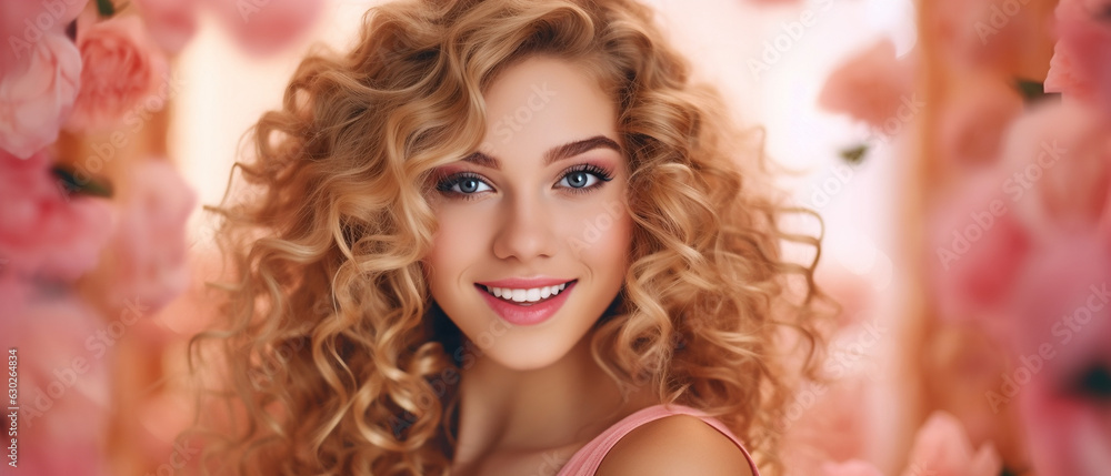 Wunderschöne Frau Gesicht mit blonden Locken als Hintergrund rosa Blumen und Blüten Nahaufnahme, ai generativ Wunderschöne Frau Gesicht mit blonden Locken als Hintergrund rosa Blumen und Blüten Nahaufnahme, ai generativ