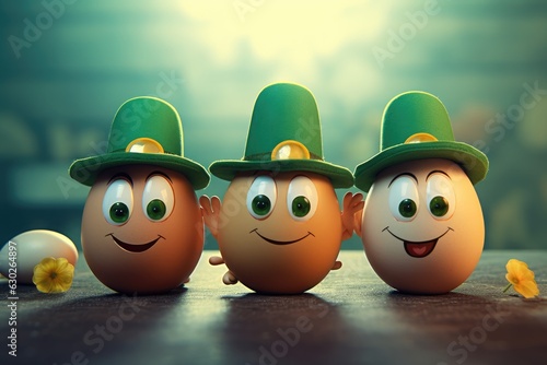 eggs in the form of a leprechaun with green caps and gold on a wooden table on a blurred background. . patrick's day