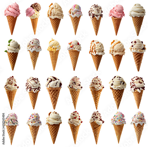 collection of delicious ice cream in waffle cone, isolated on transparent background cutout - png - different flavors mockup for design - image compositing footage - alpha channel