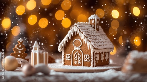 gingerbread house with powdered sugar for Christmas on festive background. holiday concept. 