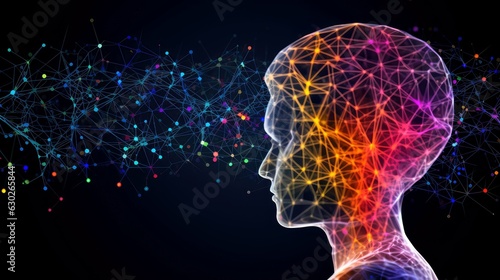 Illustration of thought energy . Head of person and neural network of brain with a problematic areas, Psychic waves concept, Generative AI illustration