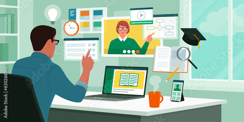 University student attending online classes